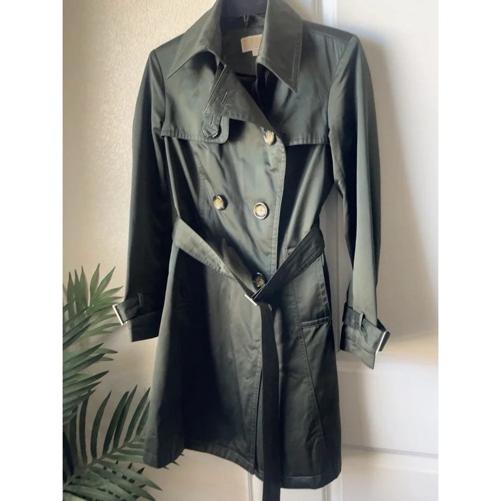 MICHAEL Michael Kors Trench Coat XS Olive Green Belted Double Breasted